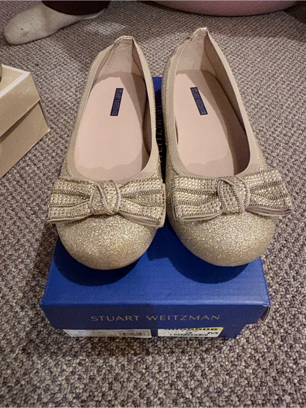 Stuart Weitzman Little Girls Gold Glitter Bow Ballet Flats